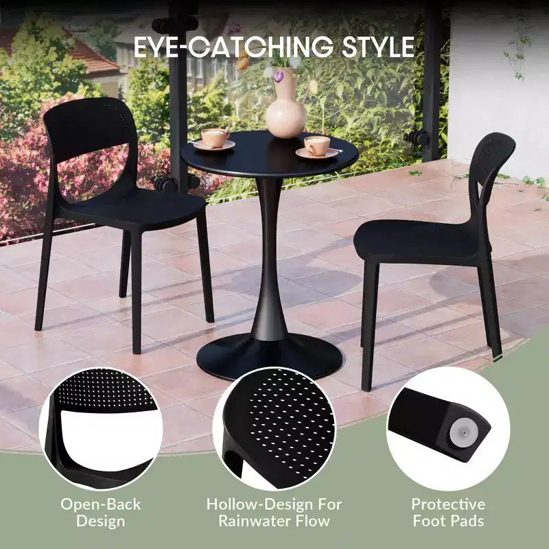 WestinTrends Playa 3-Piece Round Metal Bistro Dining Table Set And Stackable Resin Patio Dining Side Chairs
