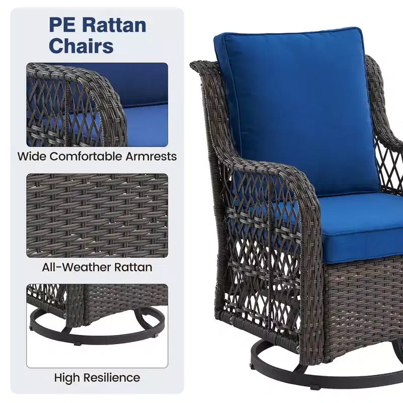 3 Piece Patio Dining Table Set, Wicker Rocking Bistro Set with 2 Swivel Chairs & Tempered Glass Top Table, Rattan Outdoor Furniture