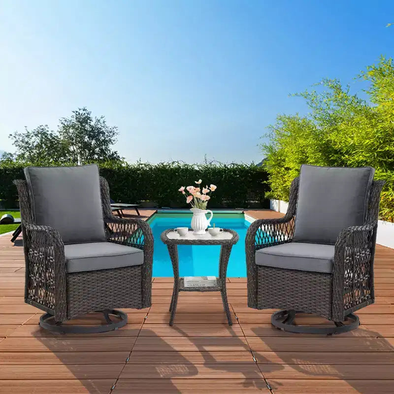 3 Piece Patio Dining Table Set, Wicker Rocking Bistro Set with 2 Swivel Chairs & Tempered Glass Top Table, Rattan Outdoor Furniture