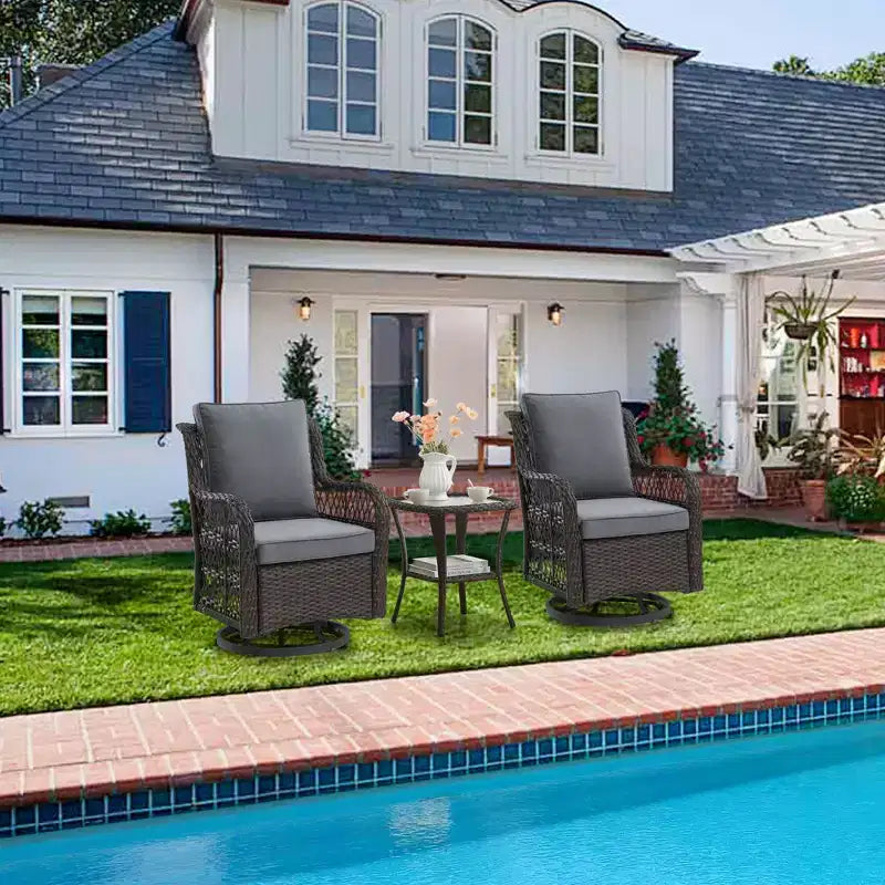 3 Piece Patio Dining Table Set, Wicker Rocking Bistro Set with 2 Swivel Chairs & Tempered Glass Top Table, Rattan Outdoor Furniture