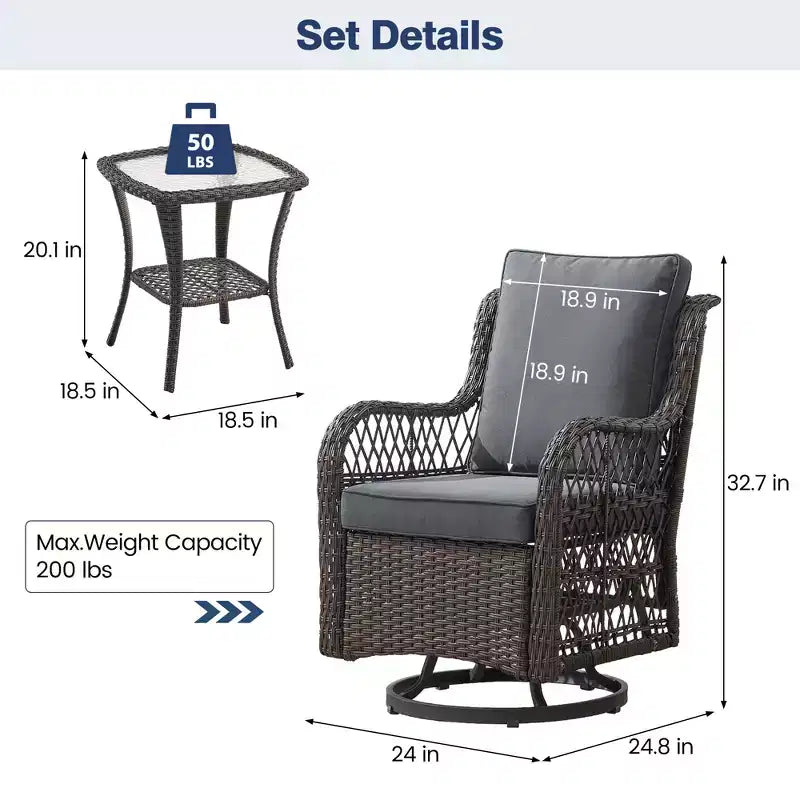 3 Piece Patio Dining Table Set, Wicker Rocking Bistro Set with 2 Swivel Chairs & Tempered Glass Top Table, Rattan Outdoor Furniture