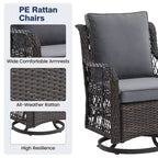 3 Piece Patio Dining Table Set, Wicker Rocking Bistro Set with 2 Swivel Chairs & Tempered Glass Top Table, Rattan Outdoor Furniture