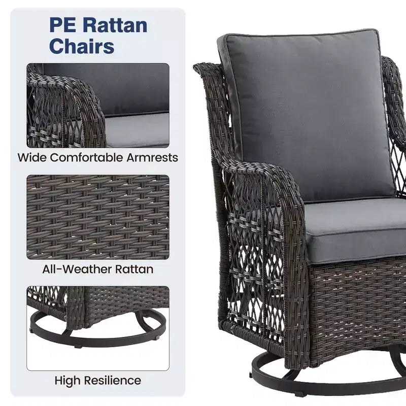 3 Piece Patio Dining Table Set, Wicker Rocking Bistro Set with 2 Swivel Chairs & Tempered Glass Top Table, Rattan Outdoor Furniture