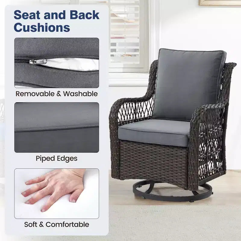 3 Piece Patio Dining Table Set, Wicker Rocking Bistro Set with 2 Swivel Chairs & Tempered Glass Top Table, Rattan Outdoor Furniture