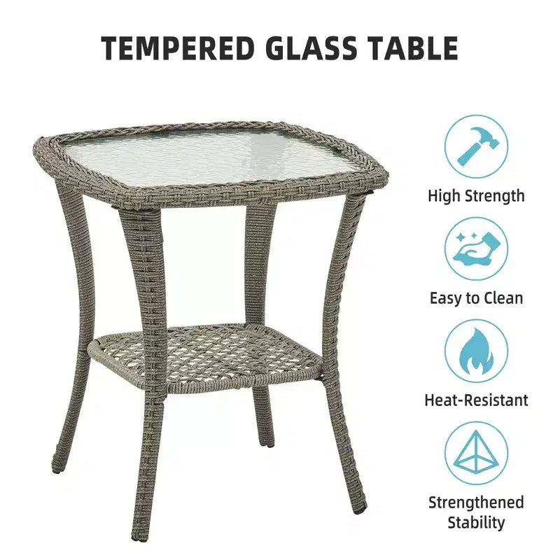 3 Piece Patio Dining Table Set, Wicker Rocking Bistro Set with 2 Swivel Chairs & Tempered Glass Top Table, Rattan Outdoor Furniture