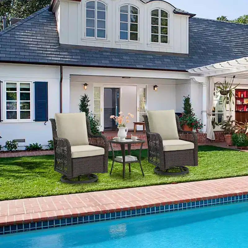 3 Piece Patio Dining Table Set, Wicker Rocking Bistro Set with 2 Swivel Chairs & Tempered Glass Top Table, Rattan Outdoor Furniture