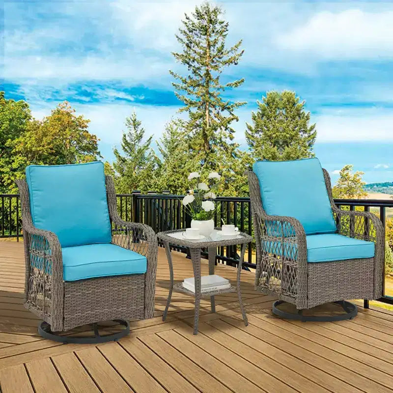 3 Piece Patio Dining Table Set, Wicker Rocking Bistro Set with 2 Swivel Chairs & Tempered Glass Top Table, Rattan Outdoor Furniture