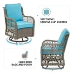 3 Piece Patio Dining Table Set, Wicker Rocking Bistro Set with 2 Swivel Chairs & Tempered Glass Top Table, Rattan Outdoor Furniture