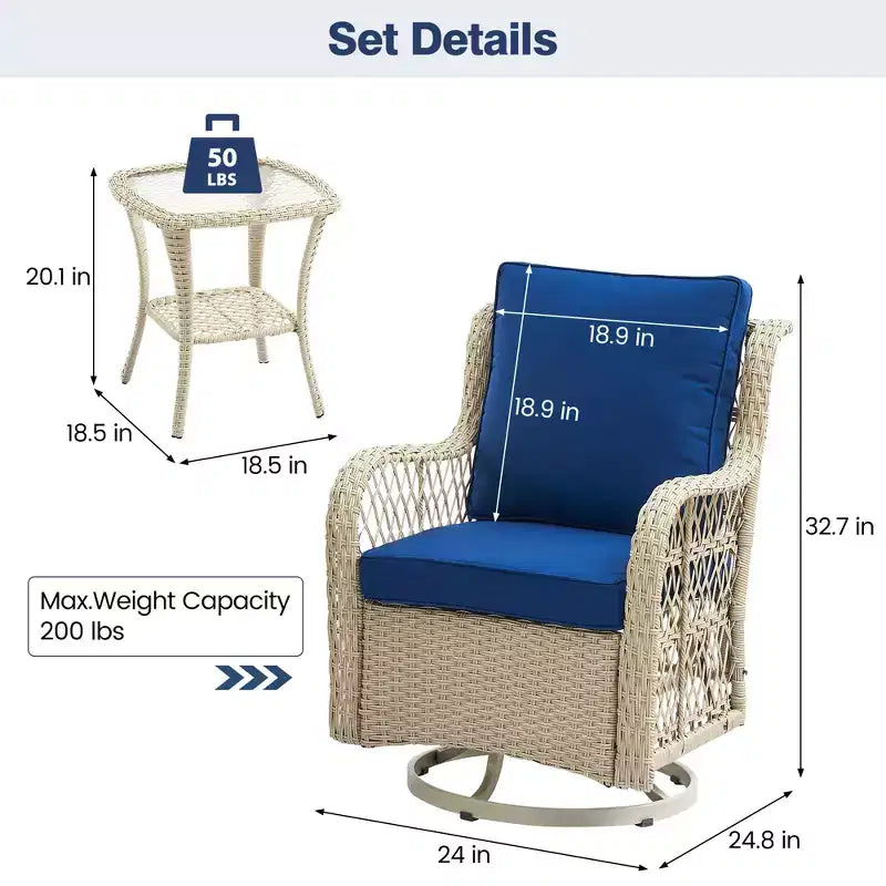3 Piece Patio Dining Table Set, Wicker Rocking Bistro Set with 2 Swivel Chairs & Tempered Glass Top Table, Rattan Outdoor Furniture