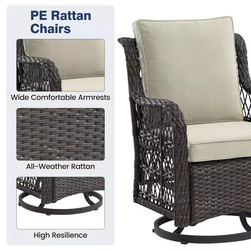 3 Piece Patio Dining Table Set, Wicker Rocking Bistro Set with 2 Swivel Chairs & Tempered Glass Top Table, Rattan Outdoor Furniture