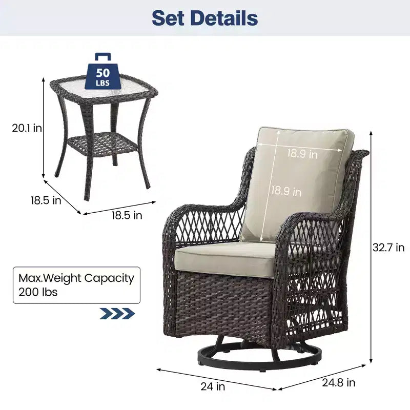 3 Piece Patio Dining Table Set, Wicker Rocking Bistro Set with 2 Swivel Chairs & Tempered Glass Top Table, Rattan Outdoor Furniture