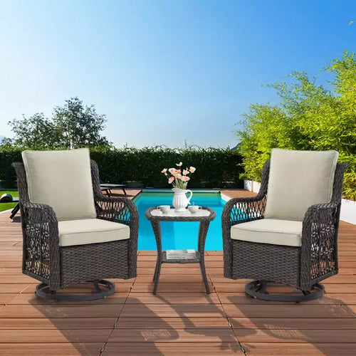 3 Piece Patio Dining Table Set, Wicker Rocking Bistro Set with 2 Swivel Chairs & Tempered Glass Top Table, Rattan Outdoor Furniture