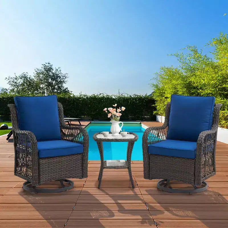 3 Piece Patio Dining Table Set, Wicker Rocking Bistro Set with 2 Swivel Chairs & Tempered Glass Top Table, Rattan Outdoor Furniture