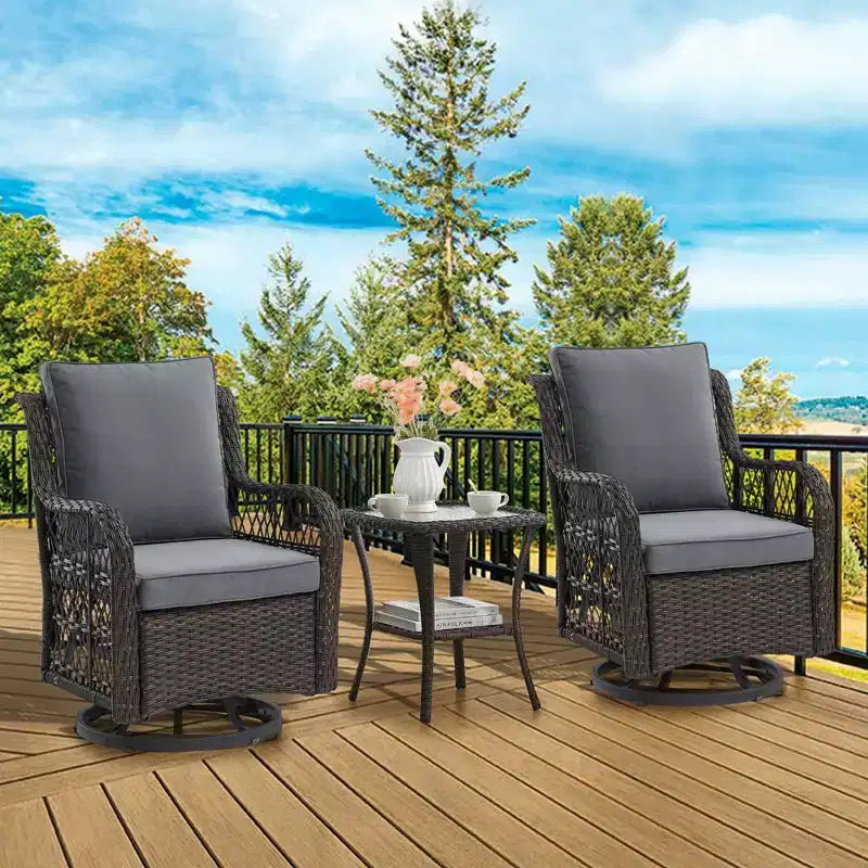 3 Piece Patio Dining Table Set, Wicker Rocking Bistro Set with 2 Swivel Chairs & Tempered Glass Top Table, Rattan Outdoor Furniture