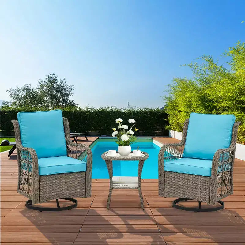 3 Piece Patio Dining Table Set, Wicker Rocking Bistro Set with 2 Swivel Chairs & Tempered Glass Top Table, Rattan Outdoor Furniture