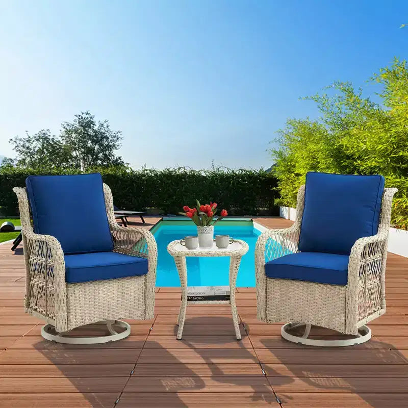 3 Piece Patio Dining Table Set, Wicker Rocking Bistro Set with 2 Swivel Chairs & Tempered Glass Top Table, Rattan Outdoor Furniture