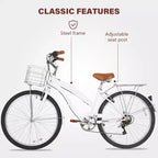 hykolity 26 Commuter Bike Beach Cruiser Bicycle City Bike Cycling 7 Speed for Adult Front Basket Rear Rack Multi Color