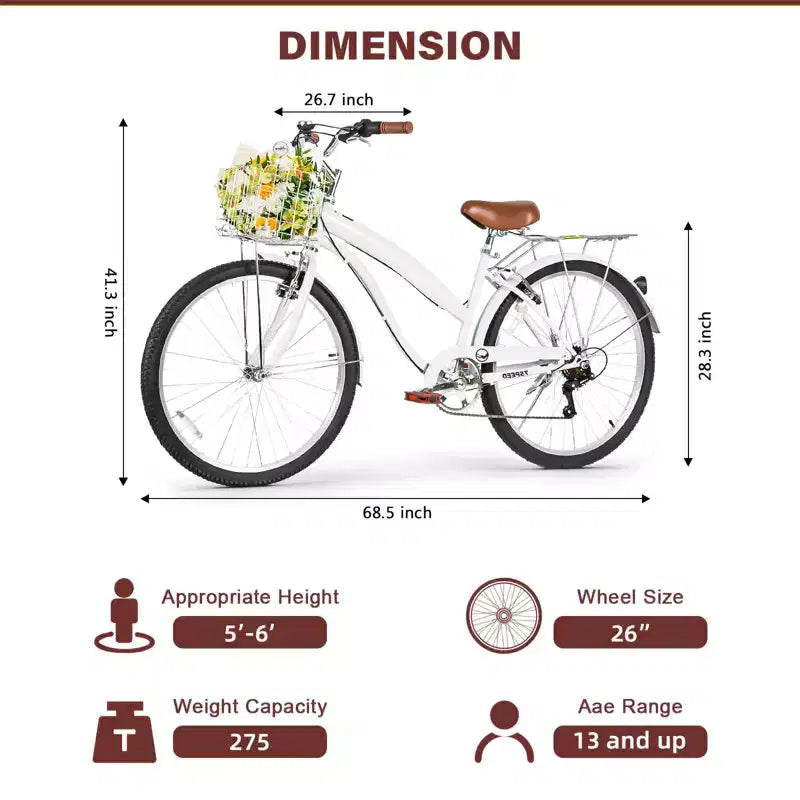 hykolity 26 Commuter Bike Beach Cruiser Bicycle City Bike Cycling 7 Speed for Adult Front Basket Rear Rack Multi Color