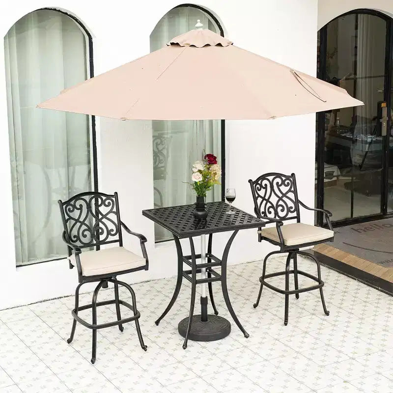 Mondawe Black 3-Piece Cast Aluminum Patio Outdoor Bistro Set with 2 High Bar Swivel Chairs, Square Table (Seat 2)