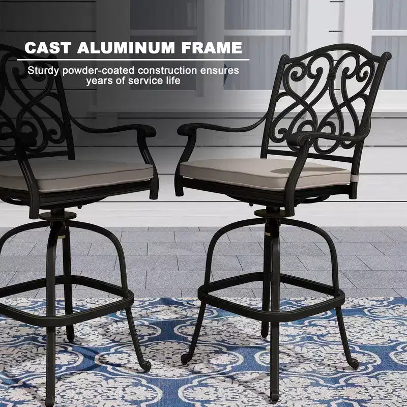 Mondawe Black 3-Piece Cast Aluminum Patio Outdoor Bistro Set with 2 High Bar Swivel Chairs, Square Table (Seat 2)