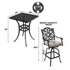Mondawe Black 3-Piece Cast Aluminum Patio Outdoor Bistro Set with 2 High Bar Swivel Chairs, Square Table (Seat 2)