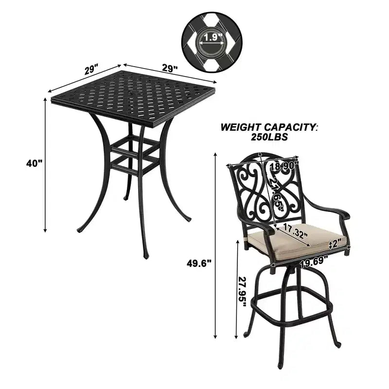 Mondawe Black 3-Piece Cast Aluminum Patio Outdoor Bistro Set with 2 High Bar Swivel Chairs, Square Table (Seat 2)