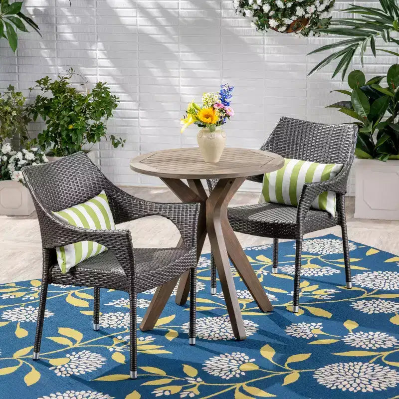 GDFStudio Lurline Outdoor Acacia Wood and Wicker 3 Piece Bistro Set
