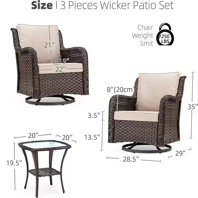 GustoWave 3-Piece Outdoor Wicker Patio Bistro Set for Backyard, Porch, Deck, Balcony, Garden