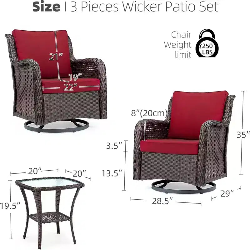 GustoWave 3-Piece Outdoor Wicker Patio Bistro Set for Backyard, Porch, Deck, Balcony, Garden
