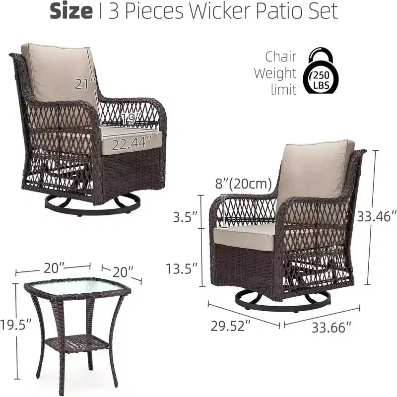GustoWave 3-Piece Outdoor Wicker Patio Bistro Set for Backyard, Porch, Deck, Balcony, Garden