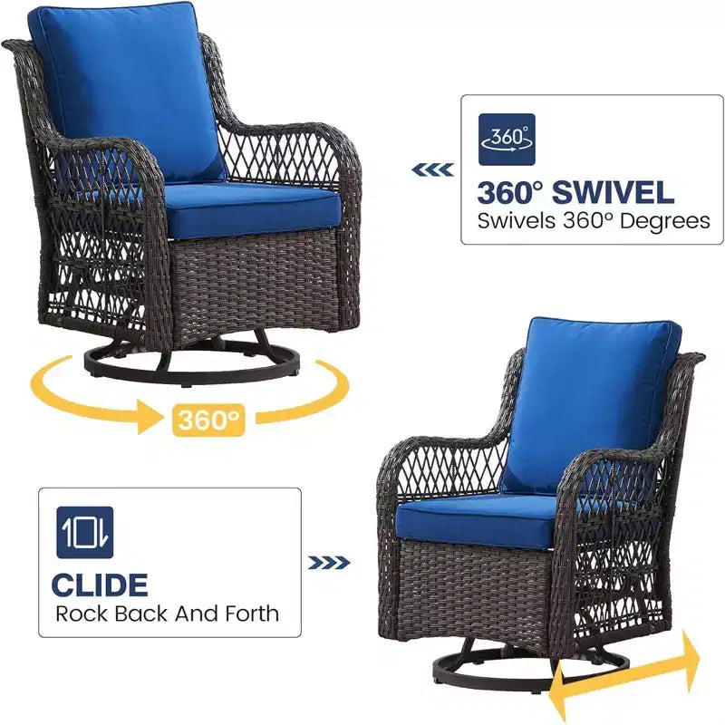GustoWave 3-Piece Outdoor Wicker Rocking Chair Bistro Set With 2 Swivel Chairs And Tempered Glass Tabletop For Patio Porch Backyard