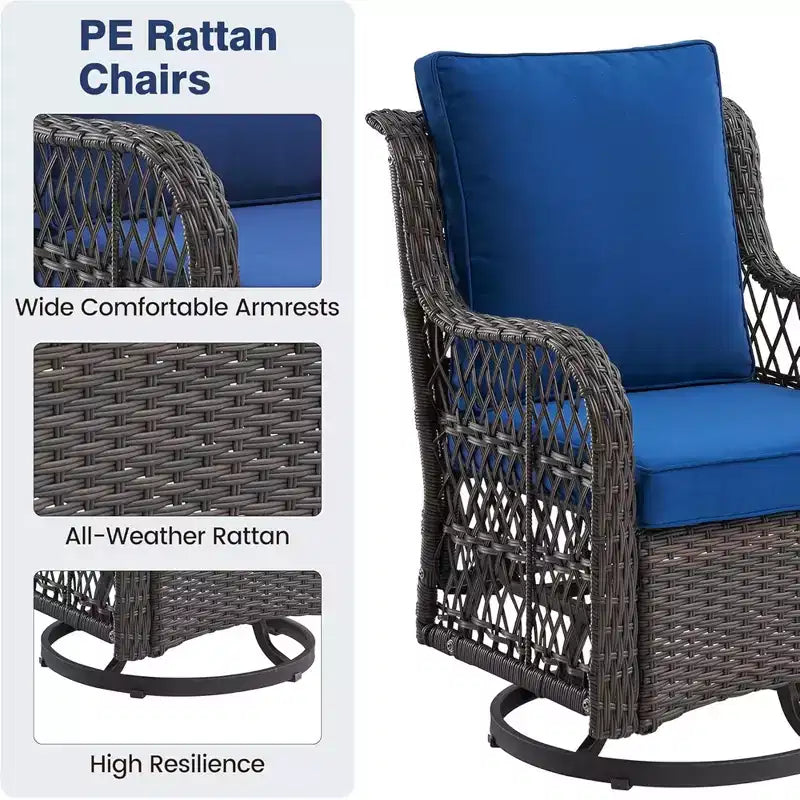 GustoWave 3-Piece Outdoor Wicker Rocking Chair Bistro Set With 2 Swivel Chairs And Tempered Glass Tabletop For Patio Porch Backyard