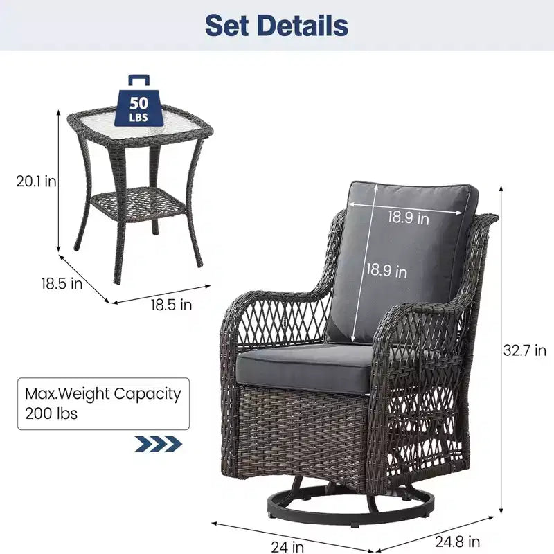 GustoWave 3-Piece Outdoor Wicker Rocking Chair Bistro Set With 2 Swivel Chairs And Tempered Glass Tabletop For Patio Porch Backyard