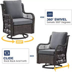 GustoWave 3-Piece Outdoor Wicker Rocking Chair Bistro Set With 2 Swivel Chairs And Tempered Glass Tabletop For Patio Porch Backyard