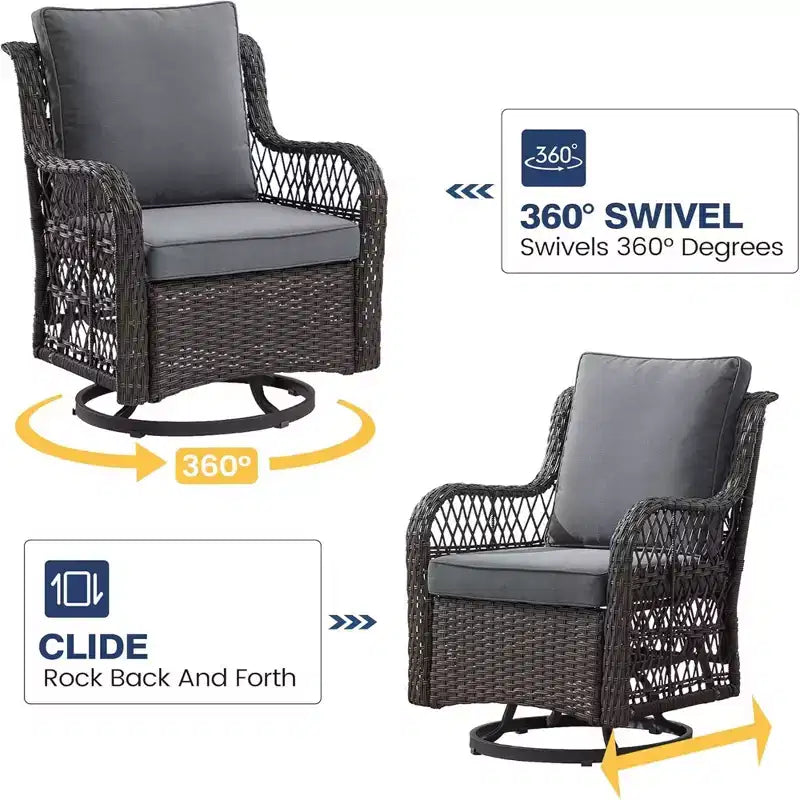 GustoWave 3-Piece Outdoor Wicker Rocking Chair Bistro Set With 2 Swivel Chairs And Tempered Glass Tabletop For Patio Porch Backyard