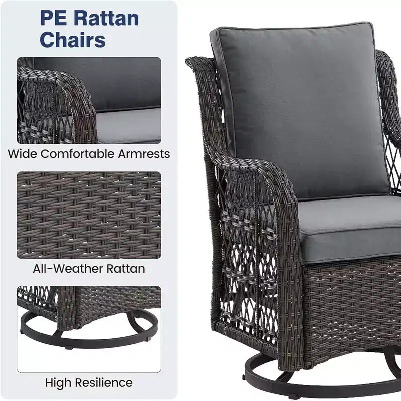GustoWave 3-Piece Outdoor Wicker Rocking Chair Bistro Set With 2 Swivel Chairs And Tempered Glass Tabletop For Patio Porch Backyard