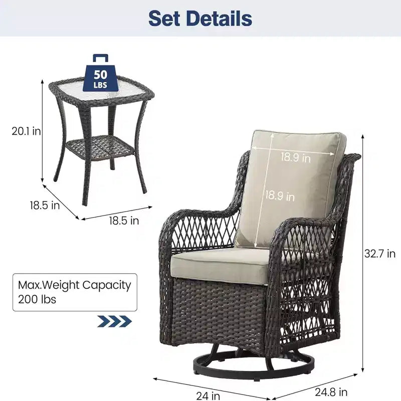 GustoWave 3-Piece Outdoor Wicker Rocking Chair Bistro Set With 2 Swivel Chairs And Tempered Glass Tabletop For Patio Porch Backyard