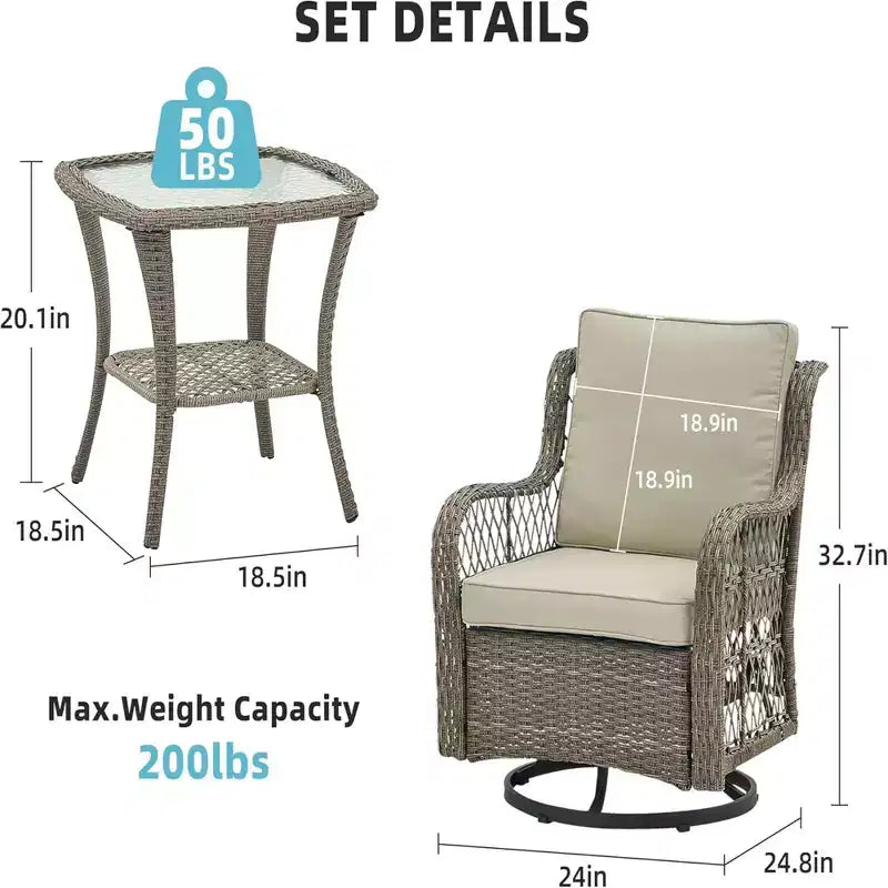 GustoWave 3-Piece Outdoor Wicker Rocking Chair Bistro Set With 2 Swivel Chairs And Tempered Glass Tabletop For Patio Porch Backyard