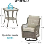 GustoWave 3-Piece Outdoor Wicker Rocking Chair Bistro Set With 2 Swivel Chairs And Tempered Glass Tabletop For Patio Porch Backyard