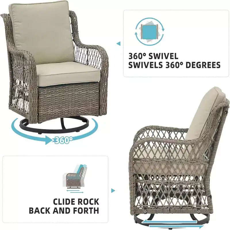 GustoWave 3-Piece Outdoor Wicker Rocking Chair Bistro Set With 2 Swivel Chairs And Tempered Glass Tabletop For Patio Porch Backyard