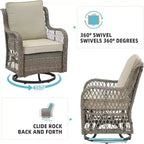 GustoWave 3-Piece Outdoor Wicker Rocking Chair Bistro Set With 2 Swivel Chairs And Tempered Glass Tabletop For Patio Porch Backyard