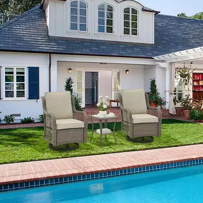 GustoWave 3-Piece Outdoor Wicker Rocking Chair Bistro Set With 2 Swivel Chairs And Tempered Glass Tabletop For Patio Porch Backyard