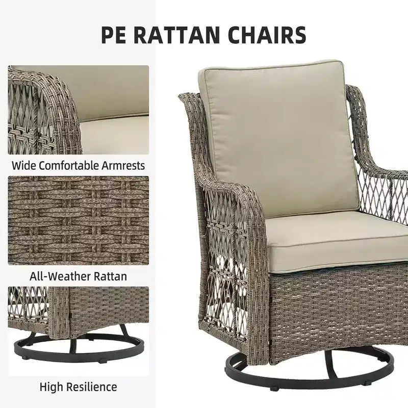GustoWave 3-Piece Outdoor Wicker Rocking Chair Bistro Set With 2 Swivel Chairs And Tempered Glass Tabletop For Patio Porch Backyard