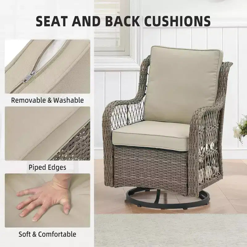 GustoWave 3-Piece Outdoor Wicker Rocking Chair Bistro Set With 2 Swivel Chairs And Tempered Glass Tabletop For Patio Porch Backyard