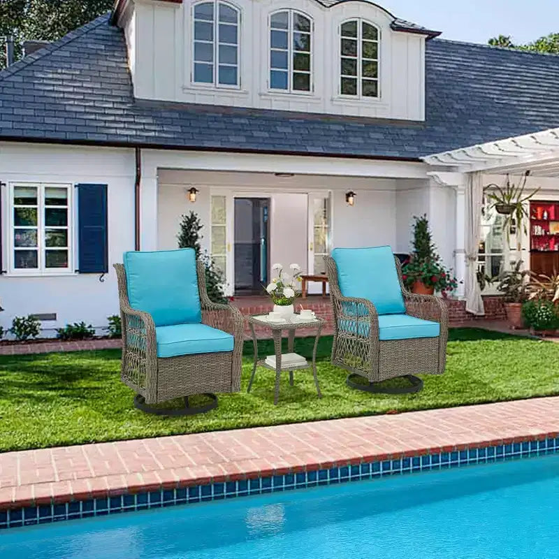 GustoWave 3-Piece Outdoor Wicker Rocking Chair Bistro Set With 2 Swivel Chairs And Tempered Glass Tabletop For Patio Porch Backyard