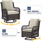 GustoWave 3-Piece Outdoor Wicker Rocking Chair Bistro Set With 2 Swivel Chairs And Tempered Glass Tabletop For Patio Porch Backyard