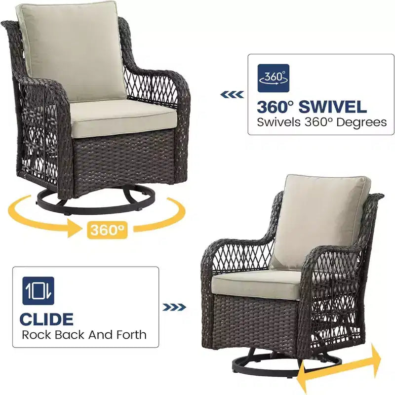 GustoWave 3-Piece Outdoor Wicker Rocking Chair Bistro Set With 2 Swivel Chairs And Tempered Glass Tabletop For Patio Porch Backyard