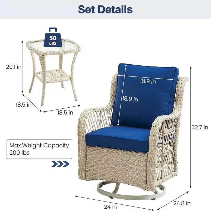 GustoWave 3-Piece Outdoor Wicker Rocking Chair Bistro Set With 2 Swivel Chairs And Tempered Glass Tabletop For Patio Porch Backyard