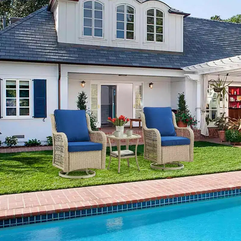 GustoWave 3-Piece Outdoor Wicker Rocking Chair Bistro Set With 2 Swivel Chairs And Tempered Glass Tabletop For Patio Porch Backyard