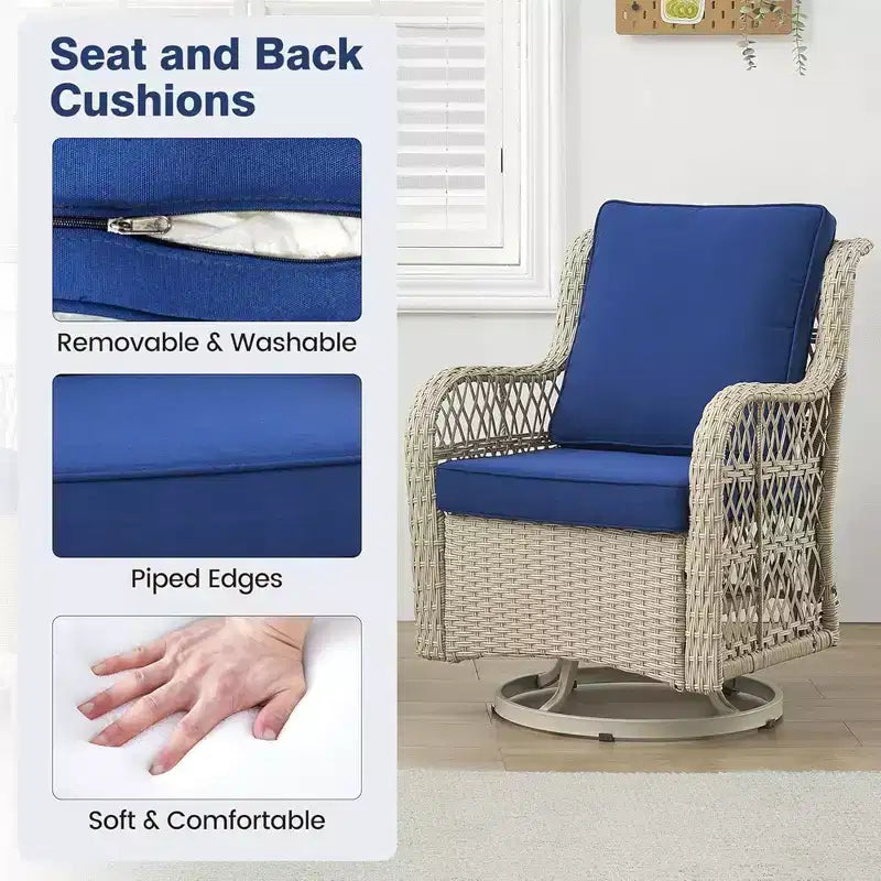 GustoWave 3-Piece Outdoor Wicker Rocking Chair Bistro Set With 2 Swivel Chairs And Tempered Glass Tabletop For Patio Porch Backyard